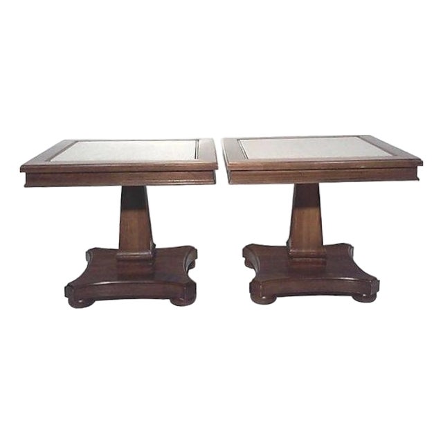 Vintage Wood Pedestal End Tables With Travertine Tops-a Pair For Sale