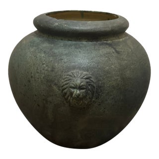 Antique Bronze-Inspired Ceramic Vase – Weathered Patina Vase With Lion Crest For Sale