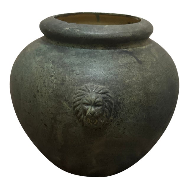 Antique Bronze-Inspired Ceramic Vase – Weathered Patina Vase With Lion Crest For Sale
