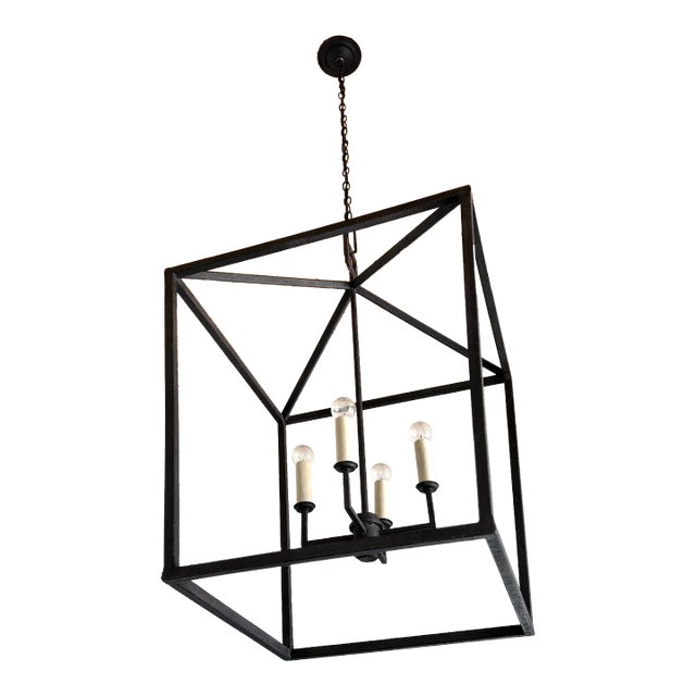 Currey & Company Denison Large Black Iron Lantern Light Fixture Chandelier For Sale