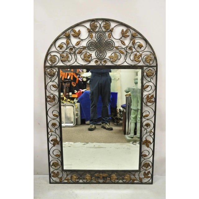 Vintage LaBarge Italian Mediterranean Style Wrought Iron Flower Leaf Scroll Arched Wall Mirror. Circa Late 20th Century....