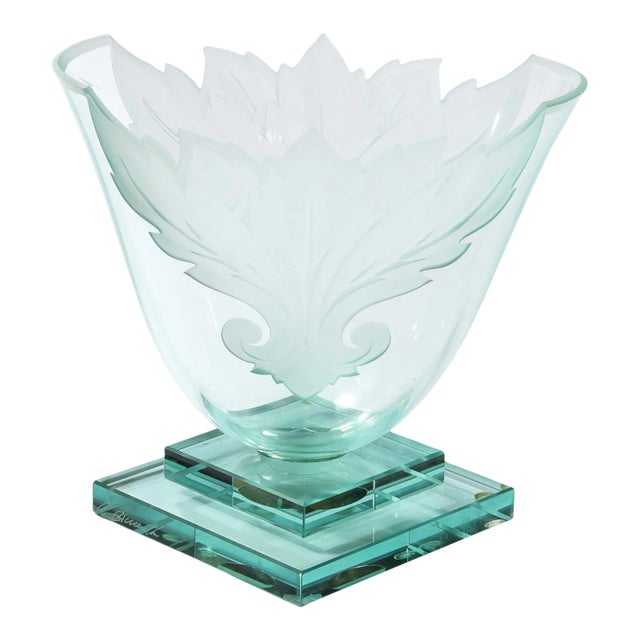 1990s Frosted and Etched Cut Glass Leaf Vase/Bowl on Geometric Base by Robert Guenther For Sale