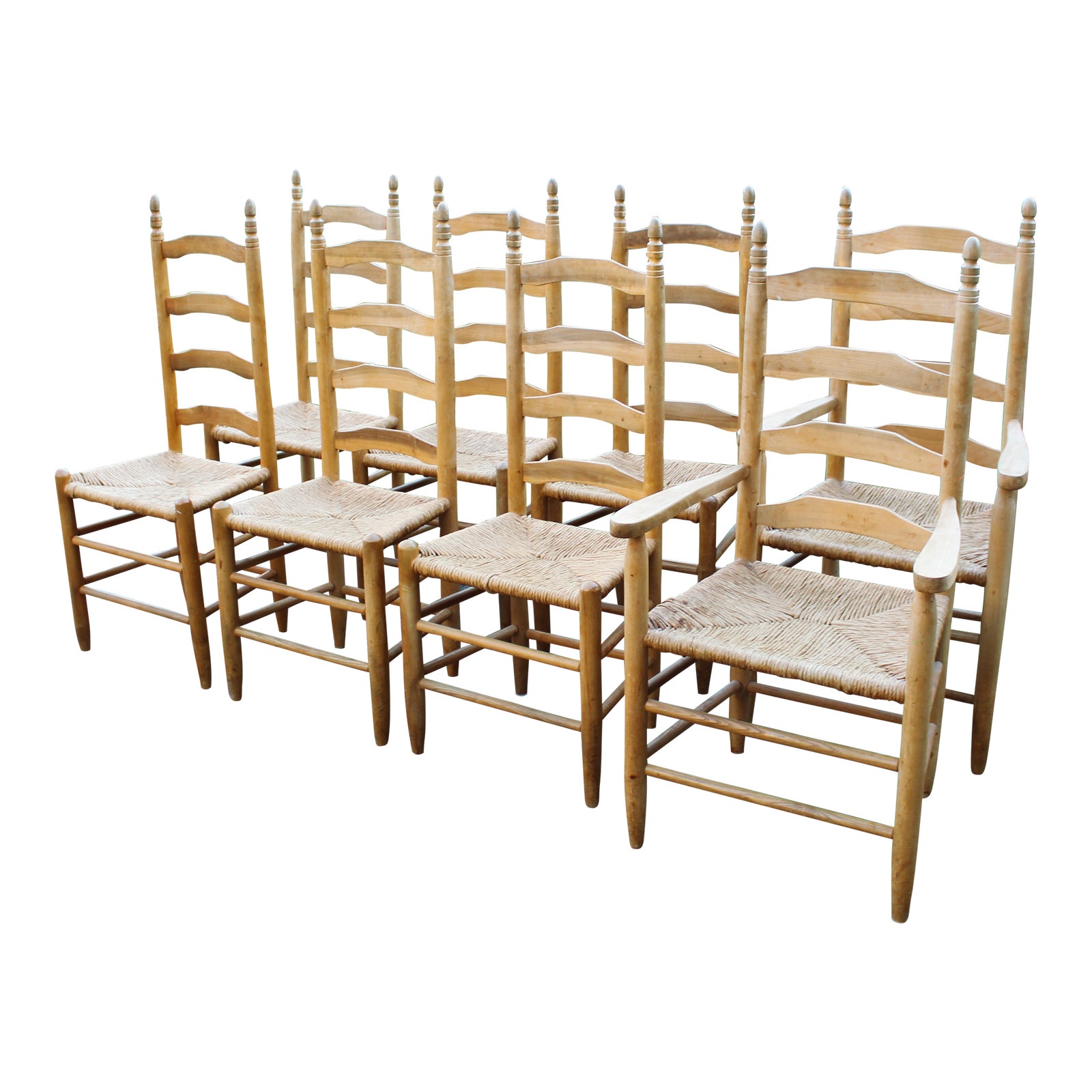 Vintage Farmhouse Style Pine Ladder Back Rush Seat Chairs Set of 8