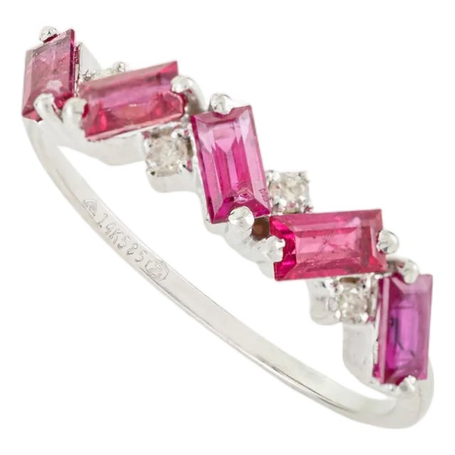 Mozambique Baguette Ruby and Diamond Stackable Half Band Ring Size 4 in 14k Gold For Sale
