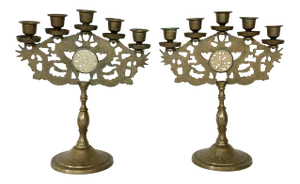 Pair of Brass/Jade Judea Sabbath Lion Candelabra With Jade Medallions