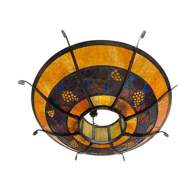 Large French Round Stained Glass Chandelier, 1900s For Sale - Image 11 of 17