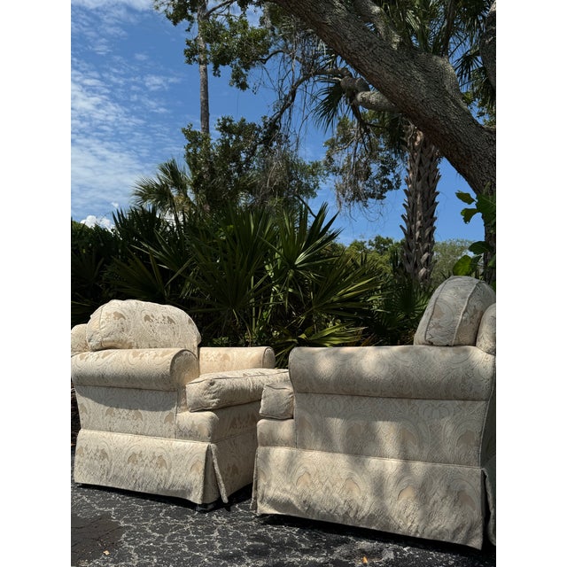 Textile Pair of Vintage Ethan Allen White Damask Upholstered Accent Chairs For Sale - Image 7 of 8