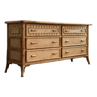 Vintage Coastal Bamboo & Woven Rattan 6-Drawer Dresser For Sale