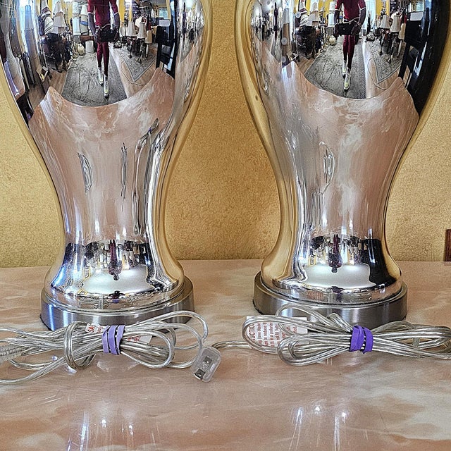Pair of Vintage Mercury Glass Table Lamps With Light-Gray Drum Shades For Sale - Image 9 of 18