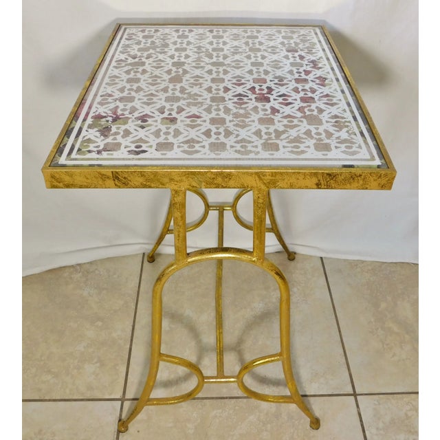 Gold Ornate Contemporary Gold Leaf & Printed Mirror Top Side/End Accent Table For Sale - Image 8 of 10