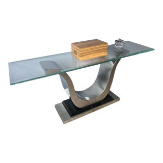 Elite Modern Glass Console Table With Stainless Steel Ribbon Pedestal For Sale