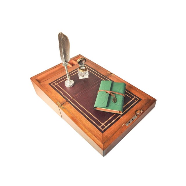 Victorian Military Campaign Burr Walnut Writing Slope Tooled Leather Skiver, Set of 4 For Sale - Image 4 of 15