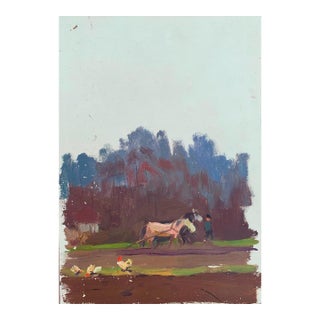Rural Landscape Antique Painting Original Soviet Art Ukrainian Artist Sokolovsky g.34-23 1970s For Sale