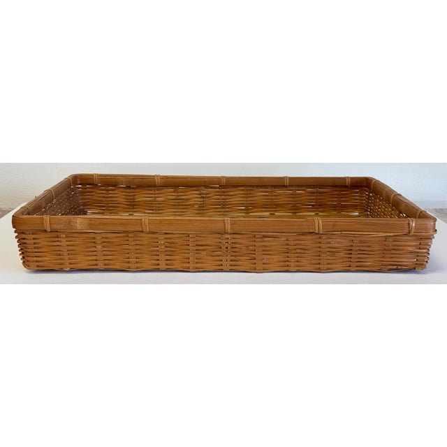 Vintage sturdy woven wicker rectangular shaped basket tray with a bamboo rail to top for support. Natural age wear with...