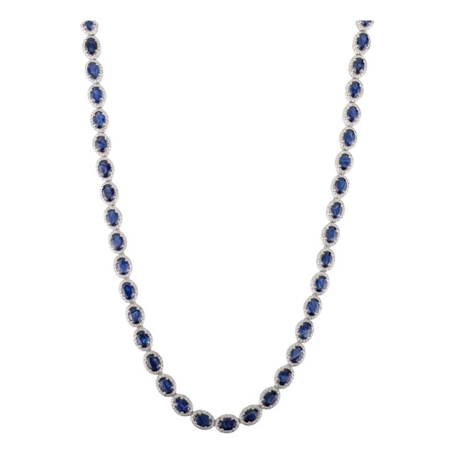27.67 Carat Blue Sapphire & Diamond Luxury Art Deco Necklace by VRJewels in 14k Gold For Sale
