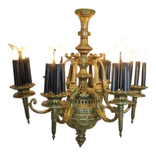Antique French Bronze Chandelier Ceiling Light Fixture With Torchiere Arms, Rewired For Sale