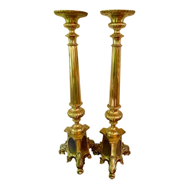 Pair of Vintage Tall Brass Candelsticks For Sale