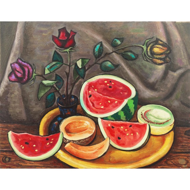 'Still Life of Roses With Fruit', Art Deco Style, Modernist Oil For Sale