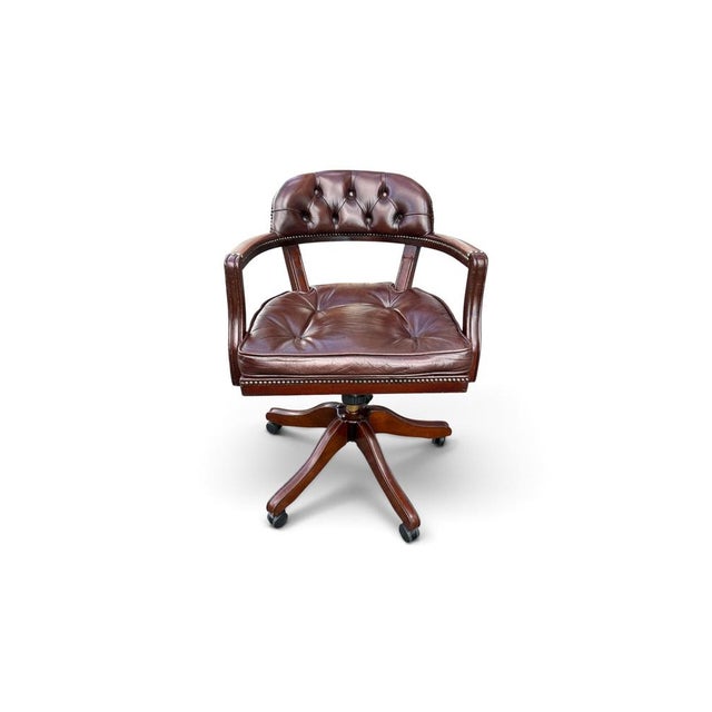 English Swivel Office Chair in Brown Leather and Wood For Sale - Image 6 of 6