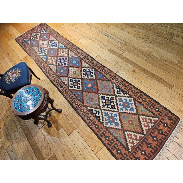 Antique Persian Varamin Kilim Runner, Handwoven Wool, Caucasian Geometric Pattern, 3x12 For Sale In Chicago - Image 6 of 17
