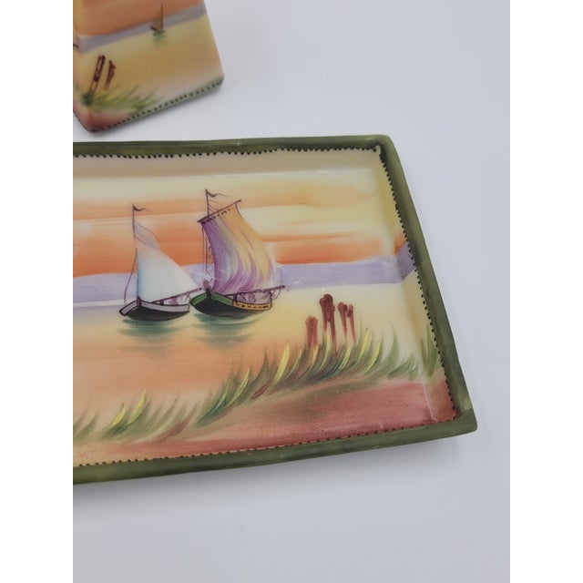 Ceramic Antique Hand-Painted Nippon Porcelain Sailboat Scenic Salt & Pepper Set With Tray - 3 Pieces For Sale - Image 7 of 12