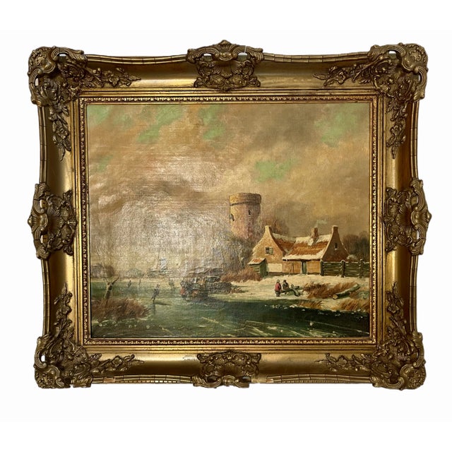 19th c. Dutch School oil painting of a bucolic scene with windmills and ice skaters. Ensconced in an ornate gold wood...
