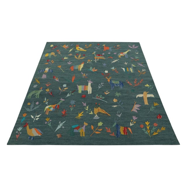 2010s Rug & Kilim’s Suzani Style Kilim in Teal With Animal Pictorials and Florals For Sale - Image 5 of 7