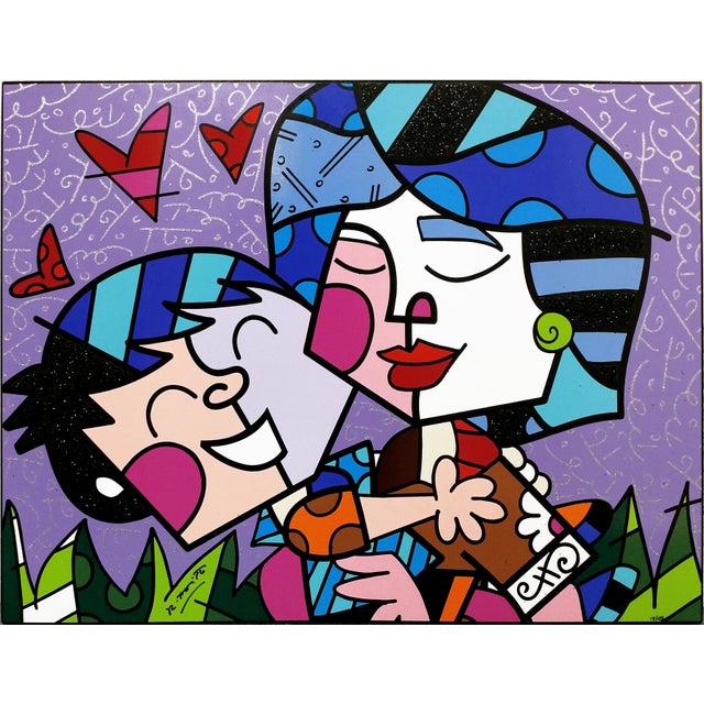 Screen print in colors with diamond dust hand embellishments on gesso board. Hand signed lower front by Romero Britto....