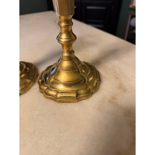 Vintage Solid Brass Taper Candlesticks 9.25” Tall - 4” Scalloped Bases - Pair For Sale - Image 6 of 11