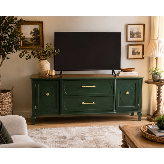 A beautifully refurbished vintage credenza finished in a sophisticated emerald green satin paint with a warm walnut-toned...