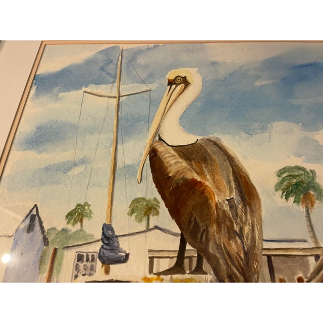 Paint Late 20th Century Large Coastal Pelican Watercolor Painting, Framed, 41 X 32 For Sale - Image 7 of 9