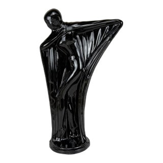 Vintage Art Deco Black Ceramic Flapper Women Sculpture - 10" For Sale
