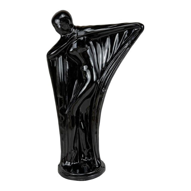 Vintage Art Deco Black Ceramic Flapper Women Sculpture - 10" For Sale