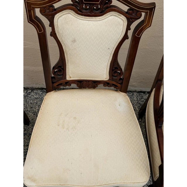 Antique Victorian Carved Mahogany Inlaid Parlor Set Sofa and 4 Chairs - 5 PCS For Sale - Image 10 of 18