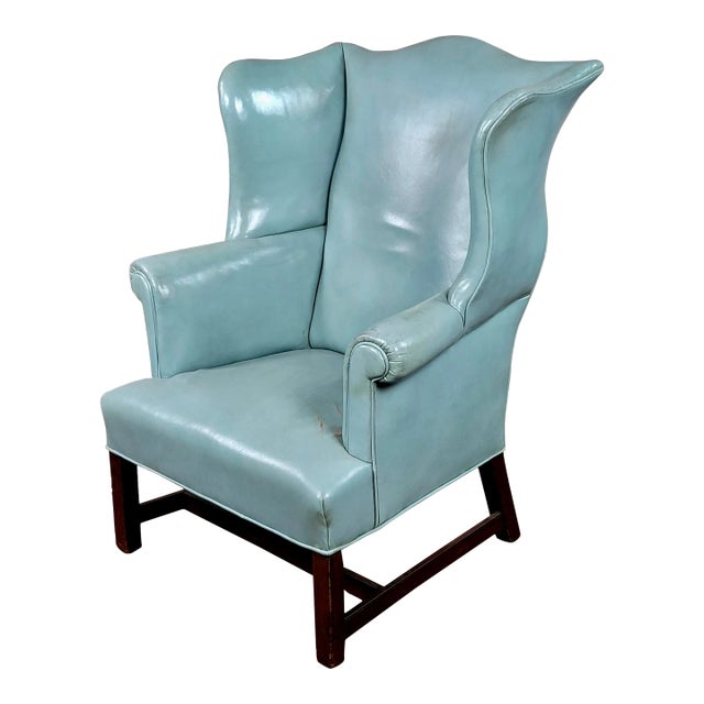 18th Century Teal Leather Upholstered Wing Chair-George III For Sale