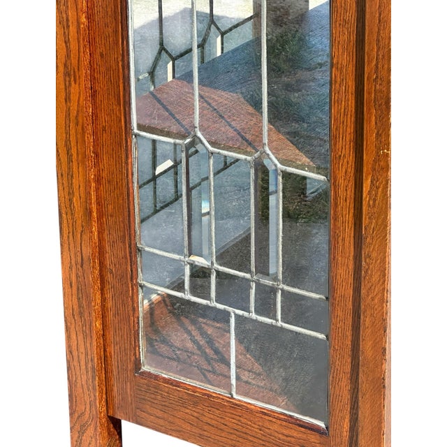 Antique Arts & Crafts Mission Oak China Cabinet With Leaded Crystal Glass Panels For Sale - Image 10 of 12