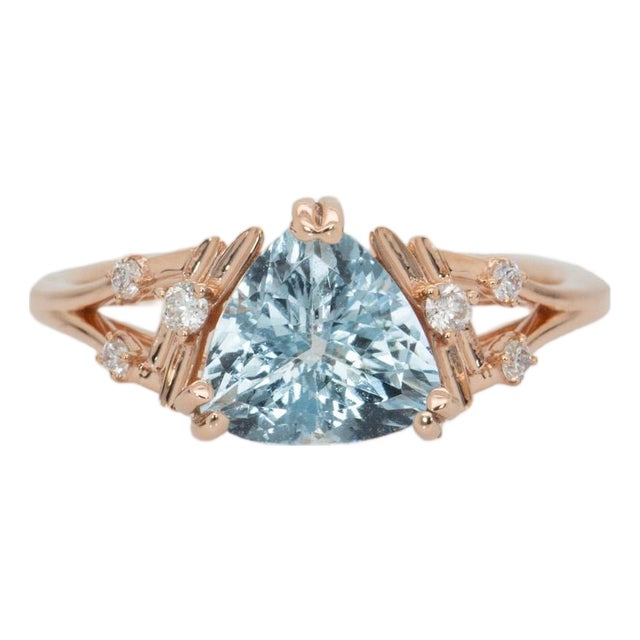 1.4ct Aquamarine Ring With Natural Diamond Accents: Solid 14k Gold, Trillion 8mm For Sale