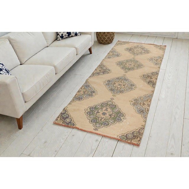 1950s Muted Beige & Moss Green Turkish Runner For Sale - Image 10 of 10