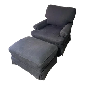Custom Made Vintage Upholstered Lounge Chair and Ottoman Set Upholstered in Navy Linen