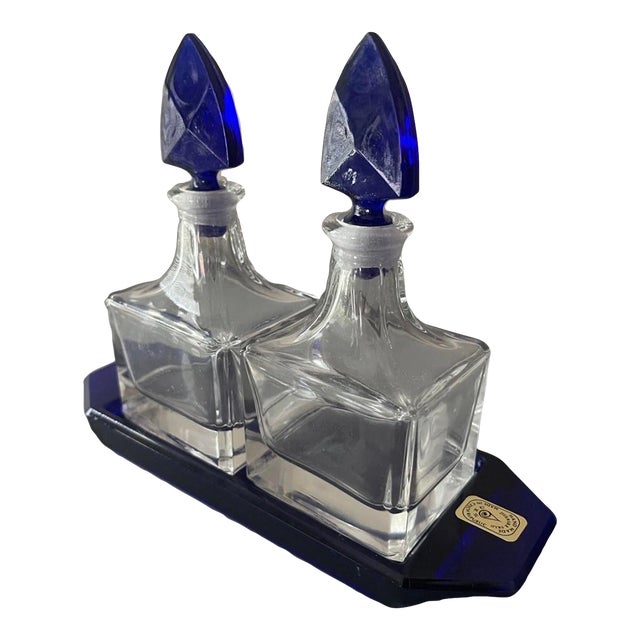 Nachtmann Crystal Sapphire Blue Perfume Decanter Set With Tray & Box MCM Vintage For Sale