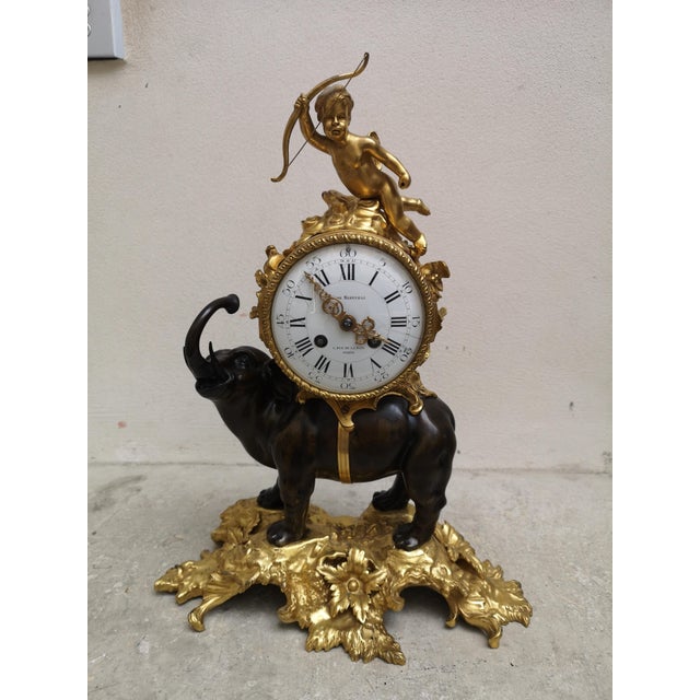 Rococo Gilt Bronze Desk Clock with Elephant Angel Decor For Sale - Image 3 of 18