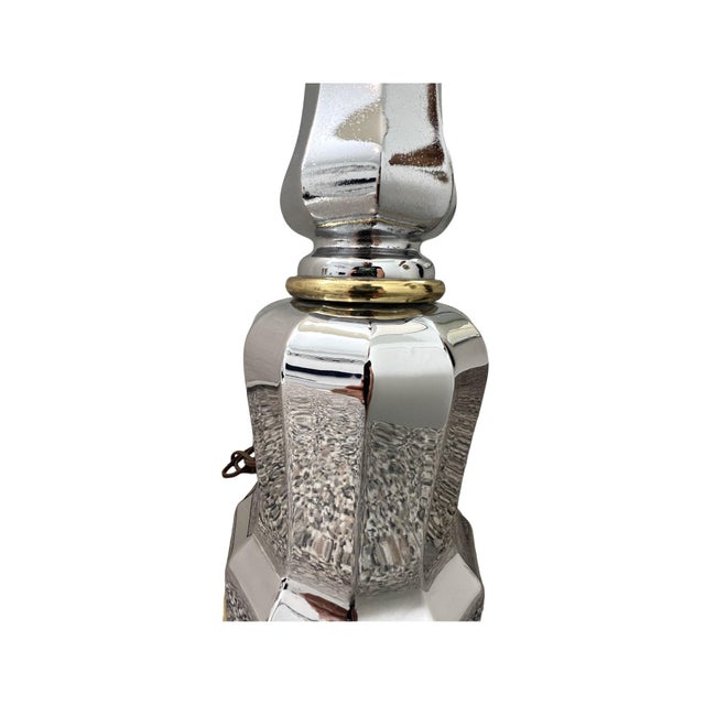 Vintage Pair of Nickel & Brass Art Deco Sky Scrapper Pair Table Lamps White Shade Streamline 1940s For Sale In Palm Springs - Image 6 of 9