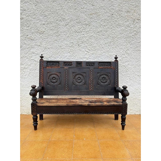 Spanish Carved Wooden Bench, 1930 For Sale - Image 4 of 10