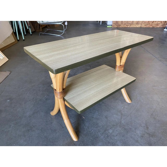 Yellow Restored "Hour Glass" Two-Tier Rattan Side Table For Sale - Image 8 of 9