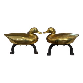 Pair of Vintage Brass Duck Andirons For Sale
