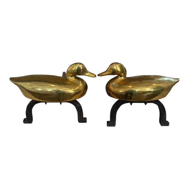 Pair of Vintage Brass Duck Andirons For Sale