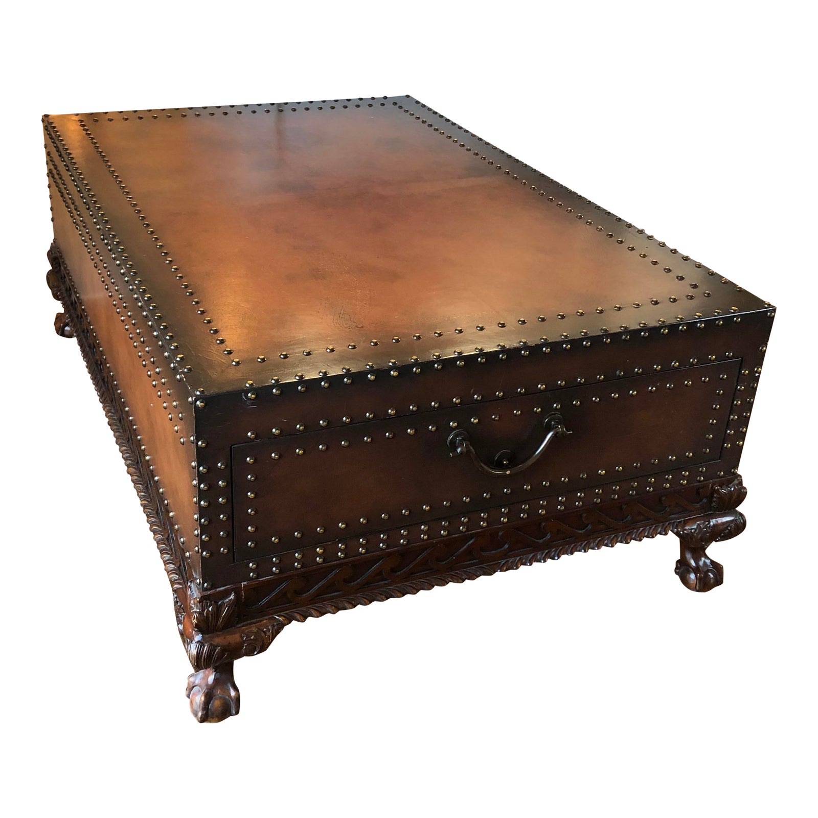 Ralph Lauren Mahogany Leather Wrapped "Dalton" Coffee Table Chairish