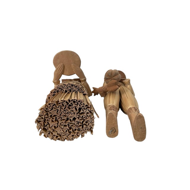 Vintage Thanksgiving Pilgrims Set of 2 Carved Corn Husk Figures 13 & 16" Tall Folk Art For Sale In San Francisco - Image 6 of 6