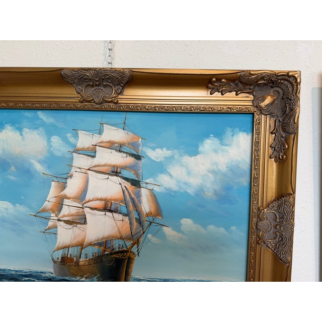 2020s Sailing Ship Oil Painting Seascape Nautical Wall Art Framed Ocean Artwork For Sale - Image 5 of 9