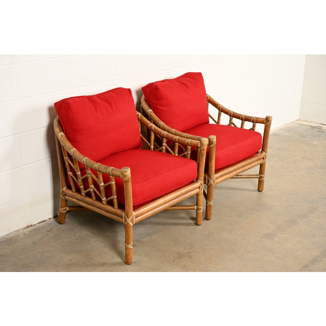 McGuire McGuire Mid-Century Hollywood Regency Bamboo Rattan Lounge Chairs, Pair For Sale - Image 4 of 12